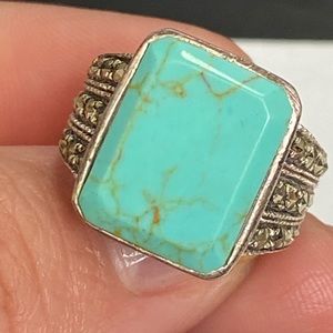 Sterling Silver Turquoise Marcasite Ring Sz 6.5